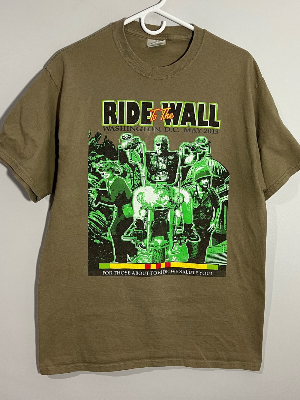 Ride To The Wall 2013 Washington DC Vietnam Motorcycle Green T-Shirt Adult Large